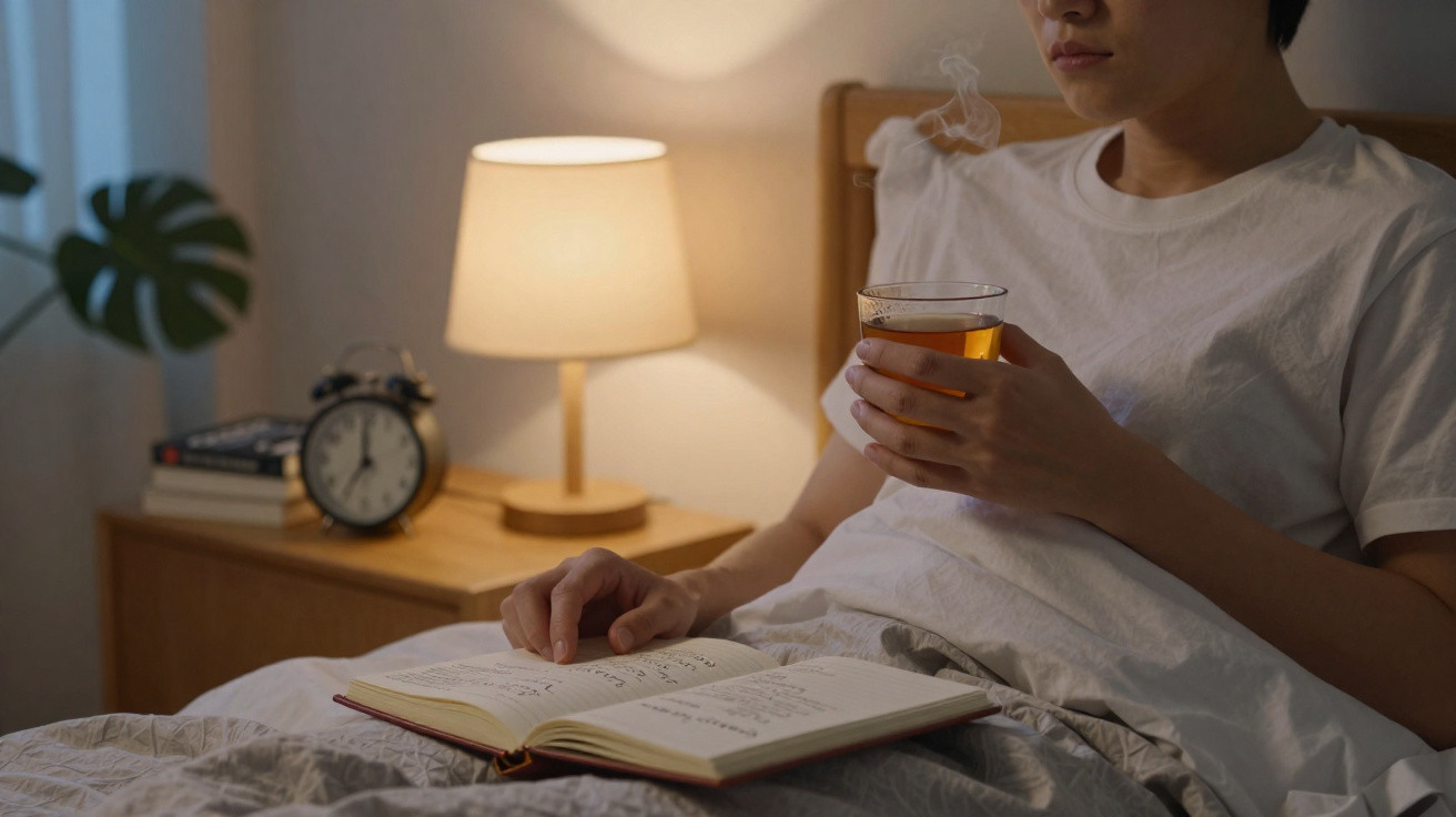 Person sitzt im Bett, liest ein Buch und hält eine dampfende Tasse Tee, neben Nachttisch mit Lampe und Wecker.