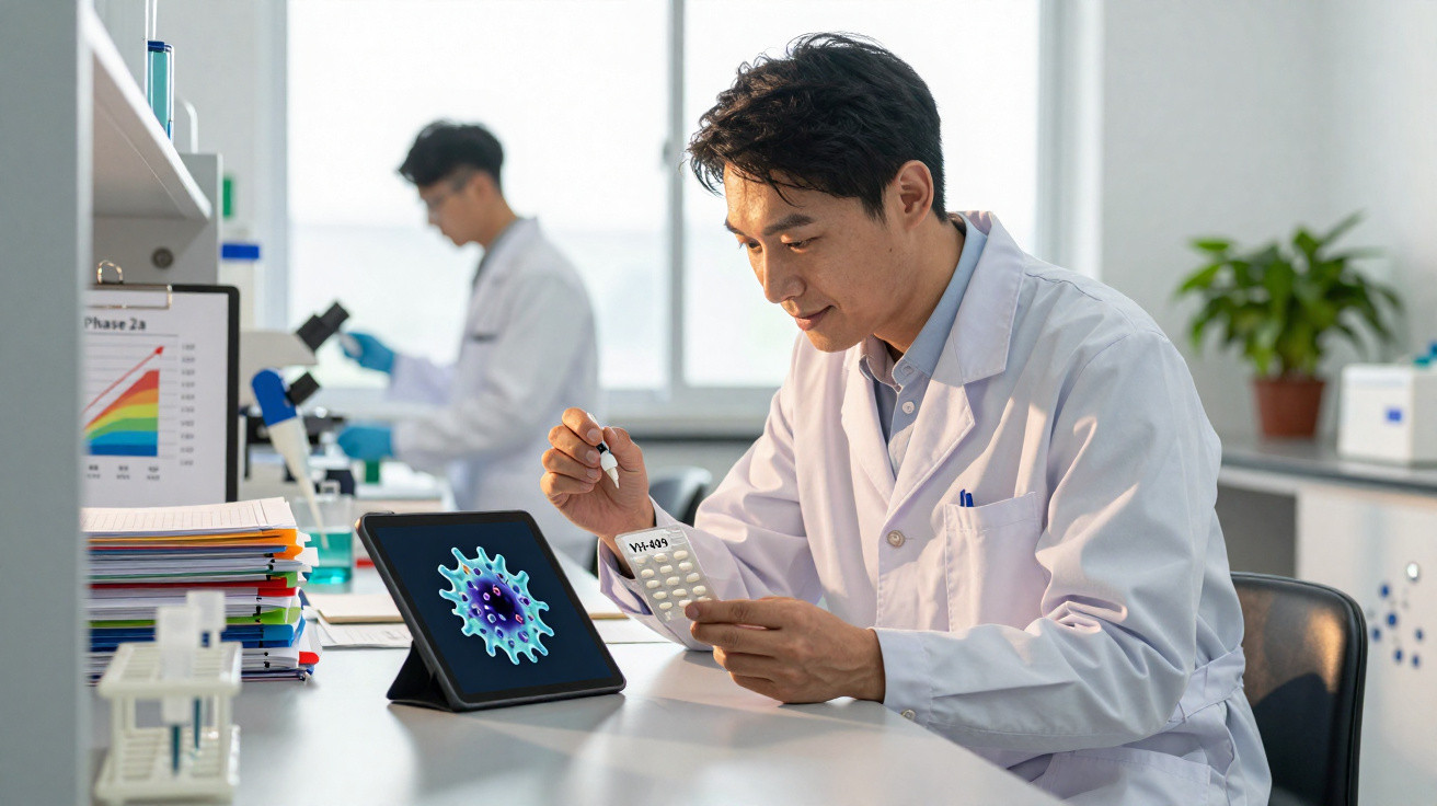 Forscher im Labor analysiert Daten auf Taschenrechner und Tablet mit Virusabbildung.