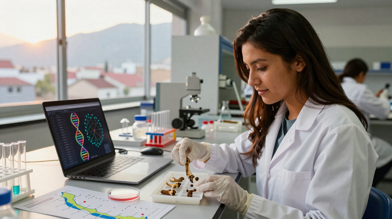 Wissenschaftlerin in weißem Kittel analysiert Proben im Labor mit Laptop und Mikroskop im Hintergrund.