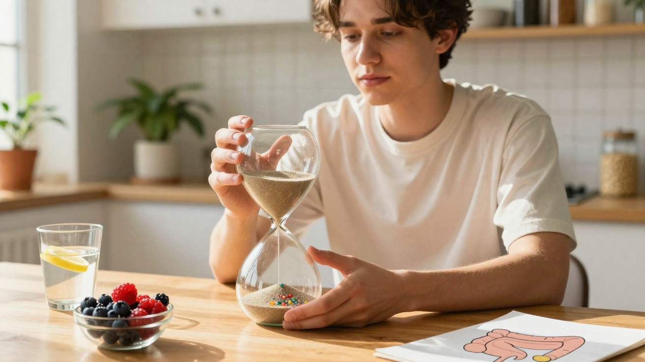 Junger Mann sitzt am Küchentisch und beobachtet eine Sanduhr, daneben Obstschale und Glas Wasser.