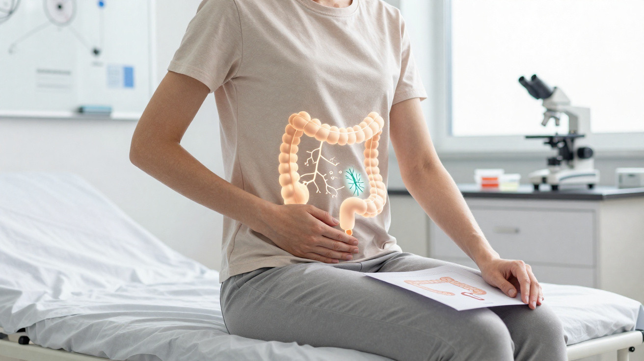 Frau sitzt auf Arztstuhl und hält Hand auf Bauch, Darmgrafik überlagert, medizinisches Umfeld im Hintergrund.