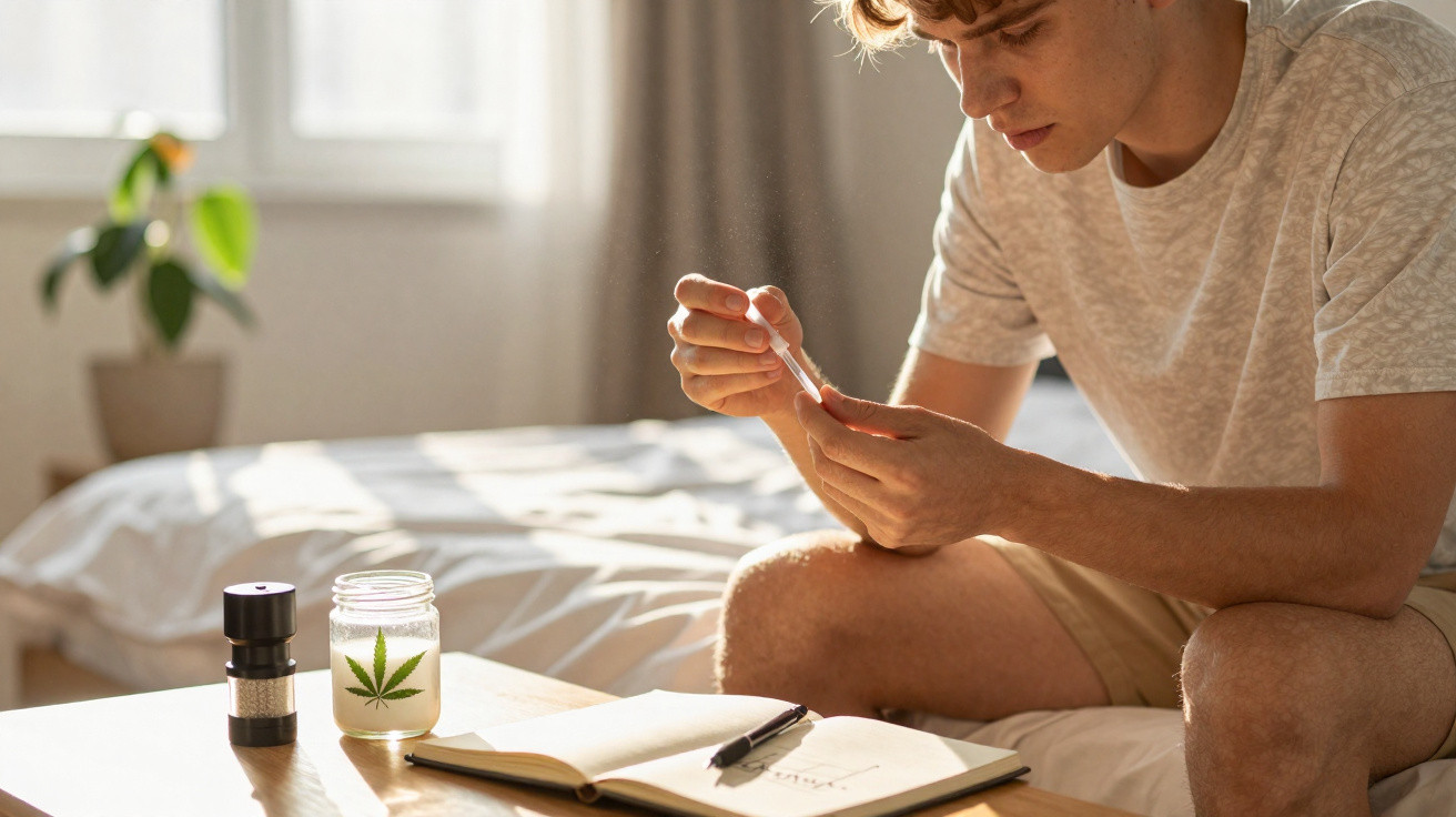 Junger Mann sitzt im Zimmer und bereitet einen Joint mit Cannabis neben Notizbuch und Pfeife vor.