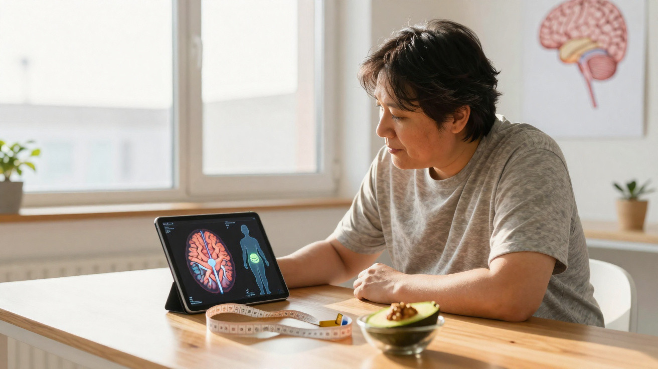 Frau betrachtet Gehirn- und Körperschutz-Diagramm auf Tablet, Maßband und gesunde Avocado auf Tisch.