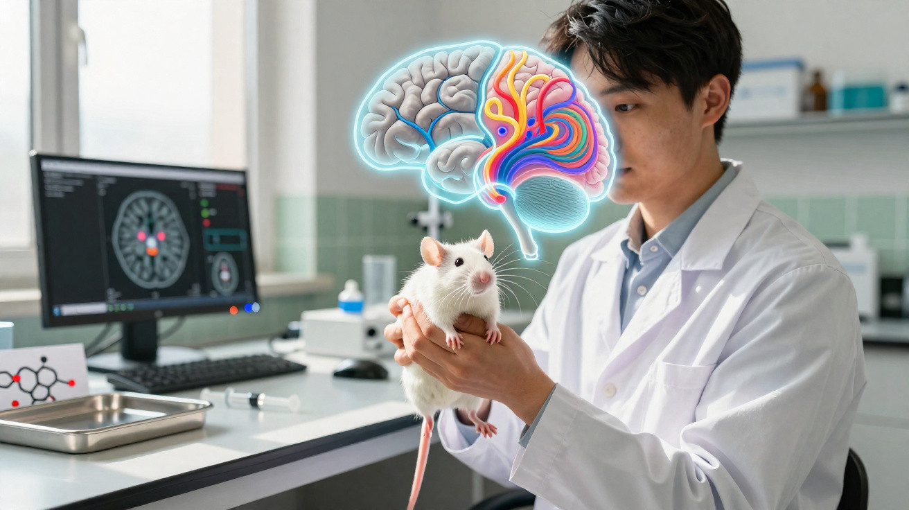 Wissenschaftler hält Laborratte, darüber schwebt eine leuchtende Grafik eines menschlichen Gehirns.