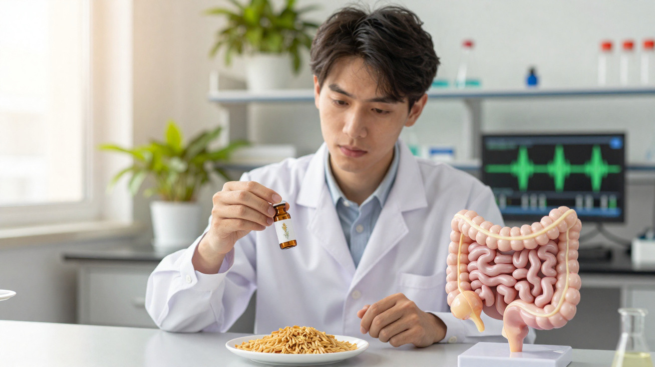 Forscher im Labor untersucht Darmgesundheit anhand von Probiotika in einem kleinen Fläschchen und Modell des Darms.