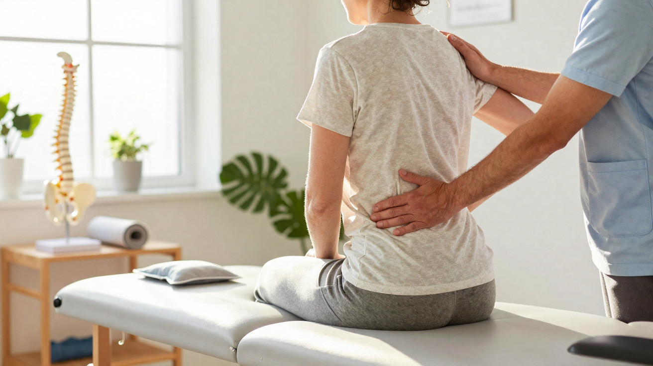Physiotherapeut untersucht sitzende Patientin auf Behandlungsliege bei Rückenbeschwerden in heller Praxis.