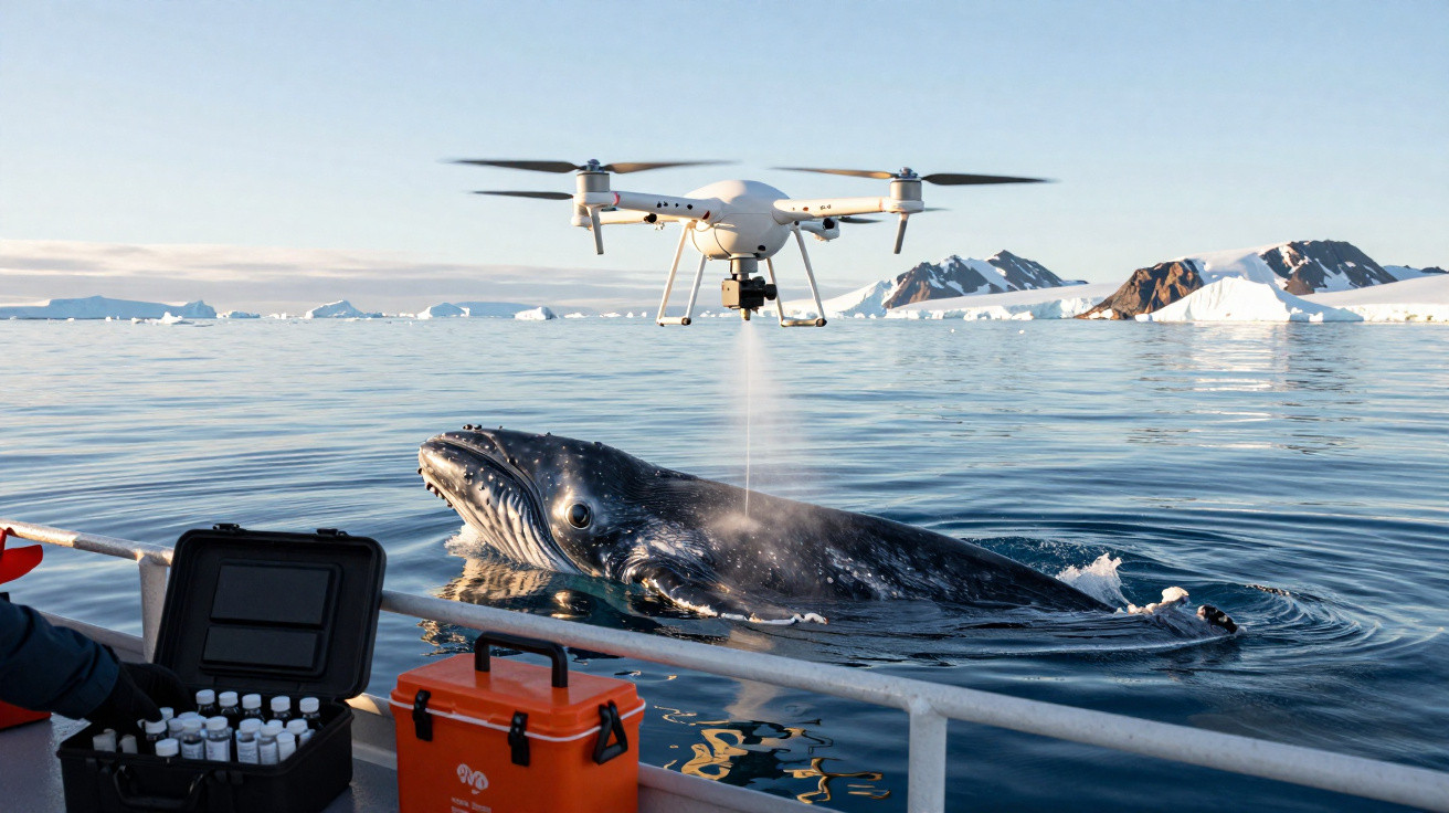 Roboter-Drohne über Buckelwal am Boot in eisiger Meereslandschaft mit Schneebergen im Hintergrund.
