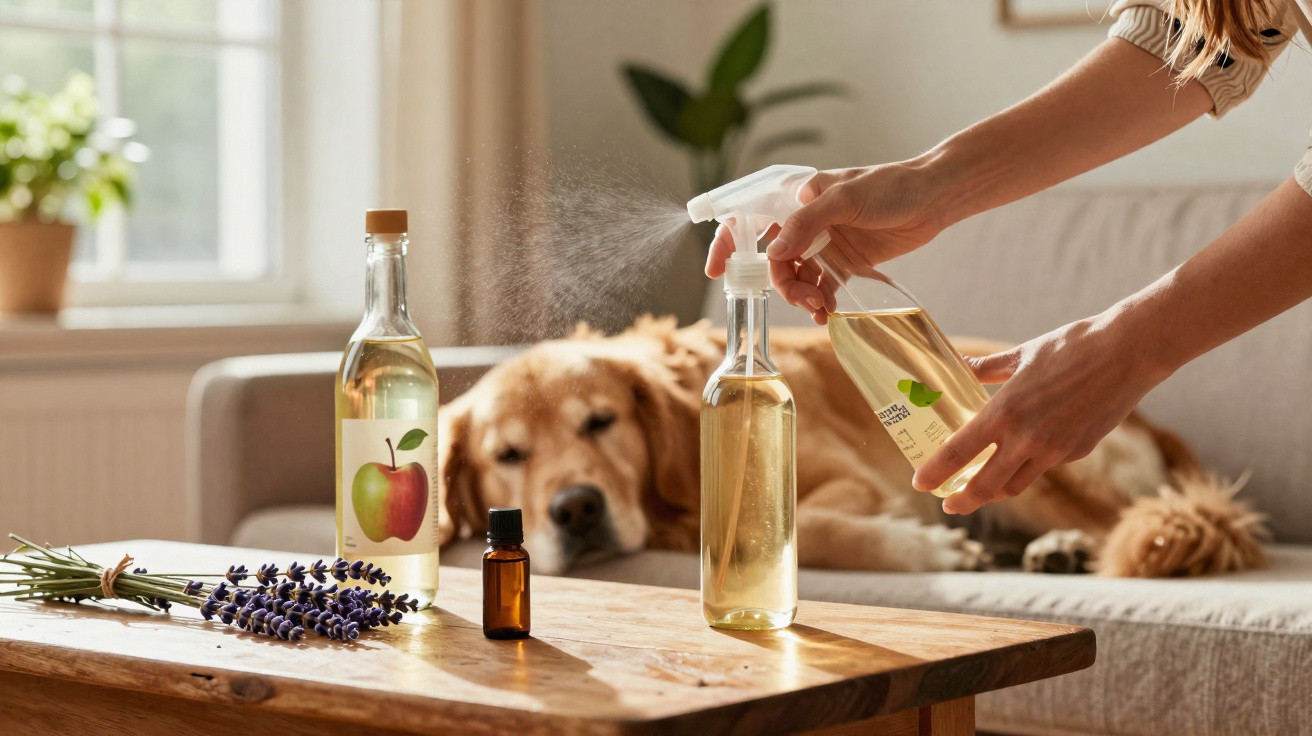 Frau sprüht ätherisches Öl auf den Tisch, Golden Retriever liegt entspannt auf dem Sofa im Hintergrund.