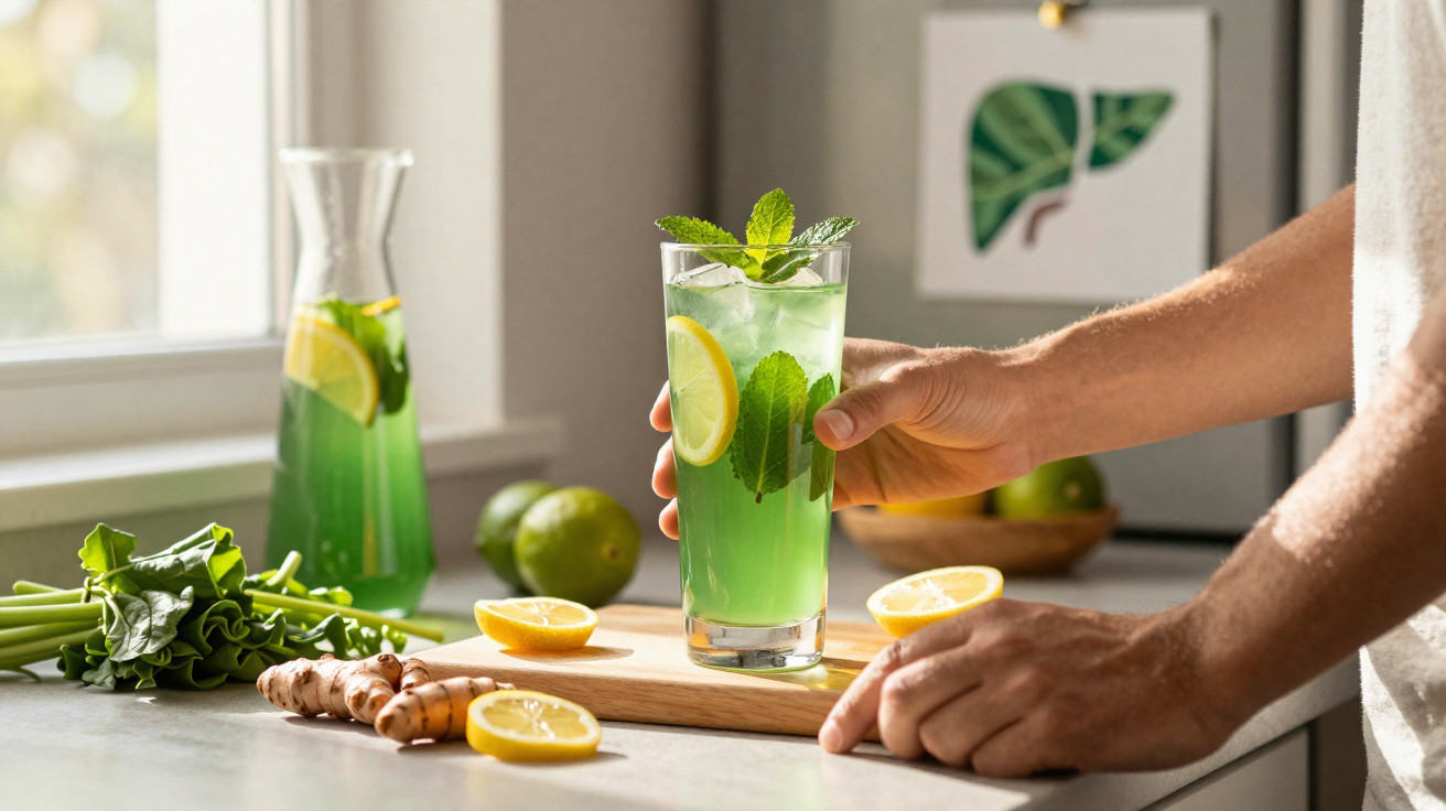 Hand hält Glas mit grünem Zitronen-Minz-Getränk, frische Zutaten auf Küchenarbeitsplatte sichtbar.