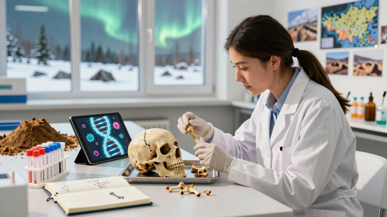 Eine Wissenschaftlerin untersucht Knochen neben einem Schädel im Labor mit Tablet und Notizen.