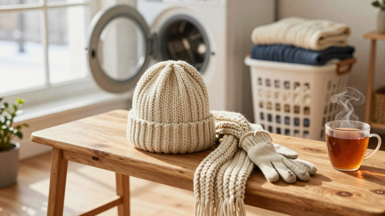 Beige Strickmütze, Schal und Handschuhe auf Holztisch, im Hintergrund Waschmaschine, Wäschekorb und dampfende Teetasse