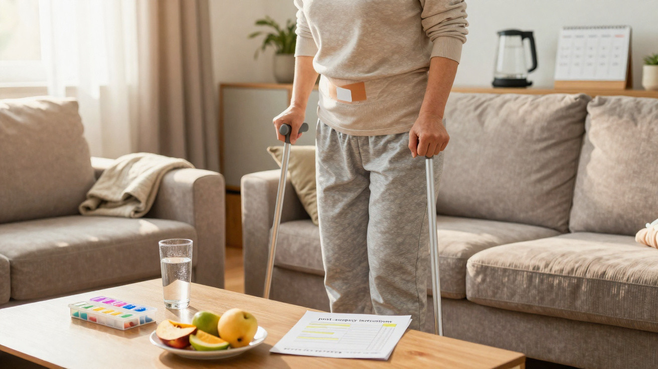 Person mit Krücken und Verband am Bauch steht in Wohnzimmer neben Tisch mit Obst und Medikamentenbox.