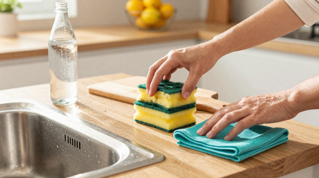 Hände legen Schwämme und ein Mikrofasertuch neben Spüle auf eine Holzarbeitsplatte in der Küche.
