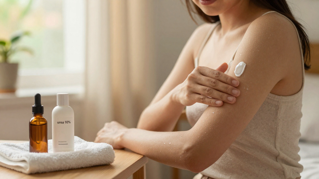 Frau trägt Lotion auf ihren Arm auf, neben ihr auf Tisch liegen zwei Flaschen und ein Handtuch.
