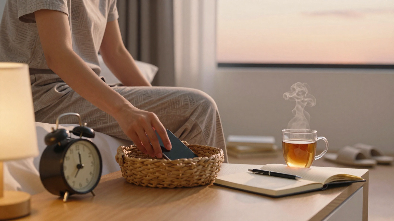 Person legt Smartphone in einen Korb auf Nachttisch mit Wecker, offenem Notizbuch und dampfender Tasse Tee.