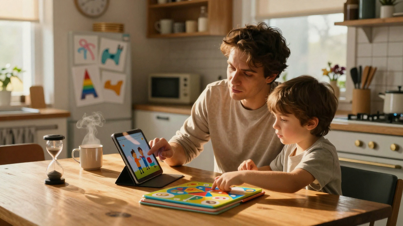 Vater zeigt Kind auf Tablet Bilder, Kind spielt am Küchentisch mit einem bunten Lernspielzeug.
