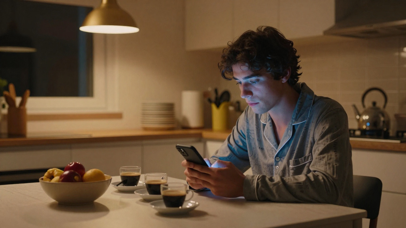 Junger Mann in Pyjama sitzt abends in der Küche und schaut konzentriert auf sein Smartphone.