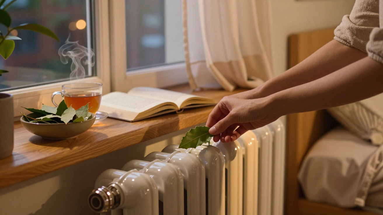 Hand legt Lorbeerblatt auf warmen Heizkörper, dampfender Tee und Buch auf Fensterbank neben Bett.