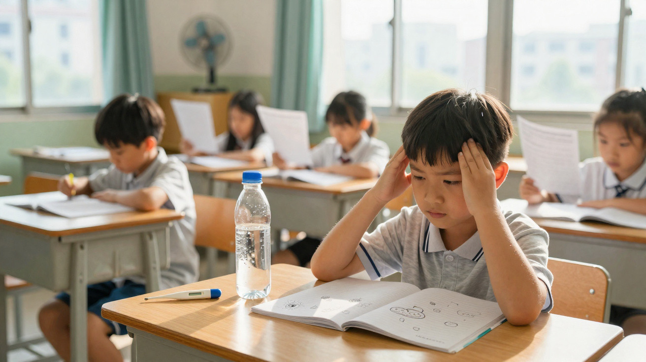 Grundschüler sitzt ratlos vor offenem Buch im Klassenzimmer, andere Kinder arbeiten konzentriert im Hintergrund.