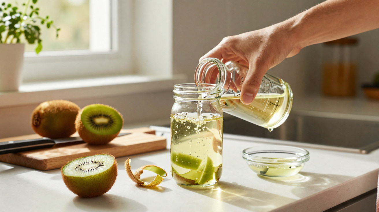 Hand gießt Flüssigkeit in Glas mit geschnittenen Kiwi-Stücken auf Küchentheke, Sonne scheint durchs Fenster.