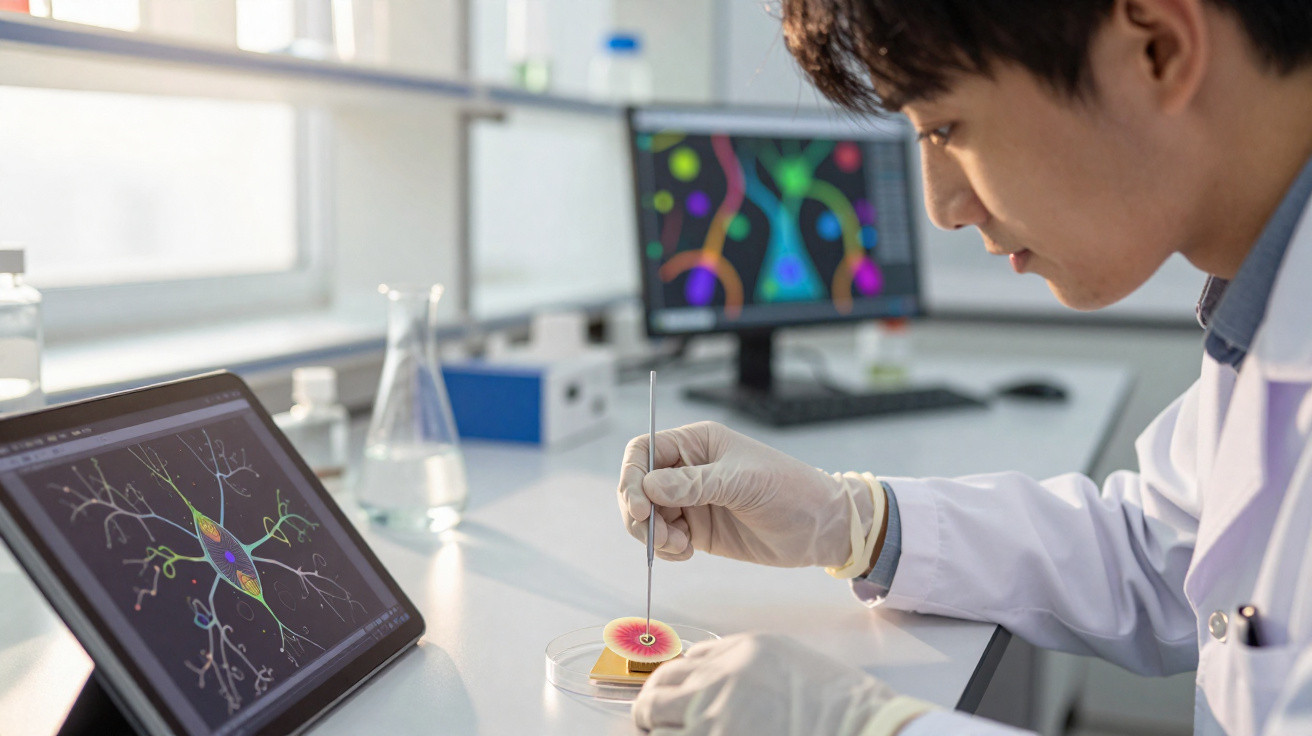 Wissenschaftler im Labor untersucht Glühthread im Petrischal mit Sonden, digitale Grafik von Neuronen auf Monitoren.
