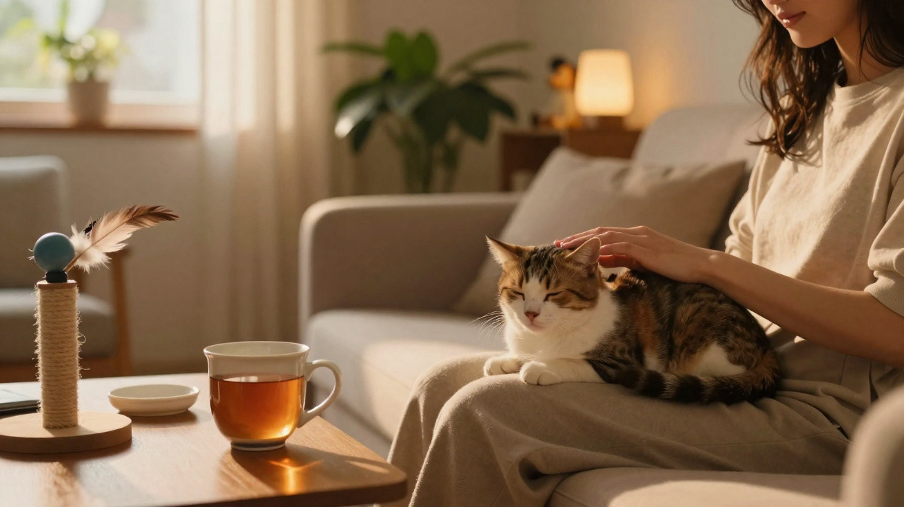 Frau streichelt zufriedene Katze auf dem Schoß in einem gemütlichen Wohnzimmer bei Tageslicht.