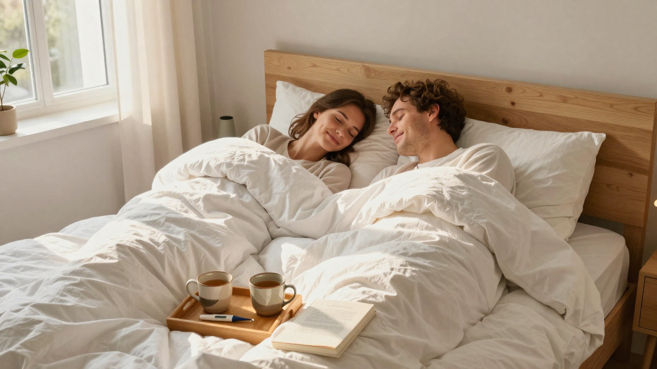 Paar liegt lächelnd unter weißer Bettdecke im Bett mit Tee und Buch auf Holztablett neben dem Fenster.