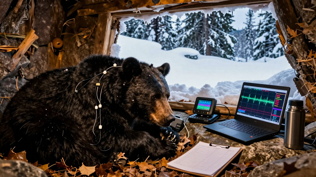 Schwarzer Bär mit Sensoren liegt in einer Winterhöhle vor einem Laptop und umgeben von Blättern.