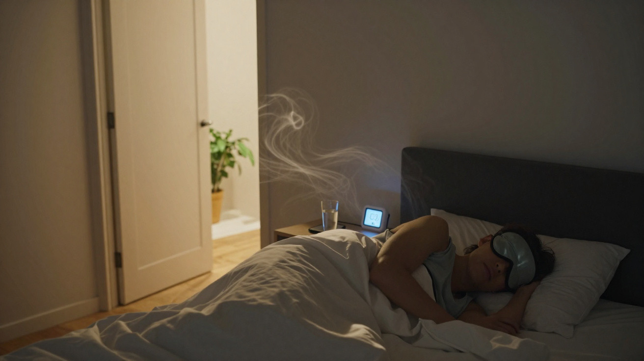 Person schläft mit Schlafmaske im Bett, neben Nachttisch mit Glas Wasser und digitaler Uhr, gedimmtes Licht.