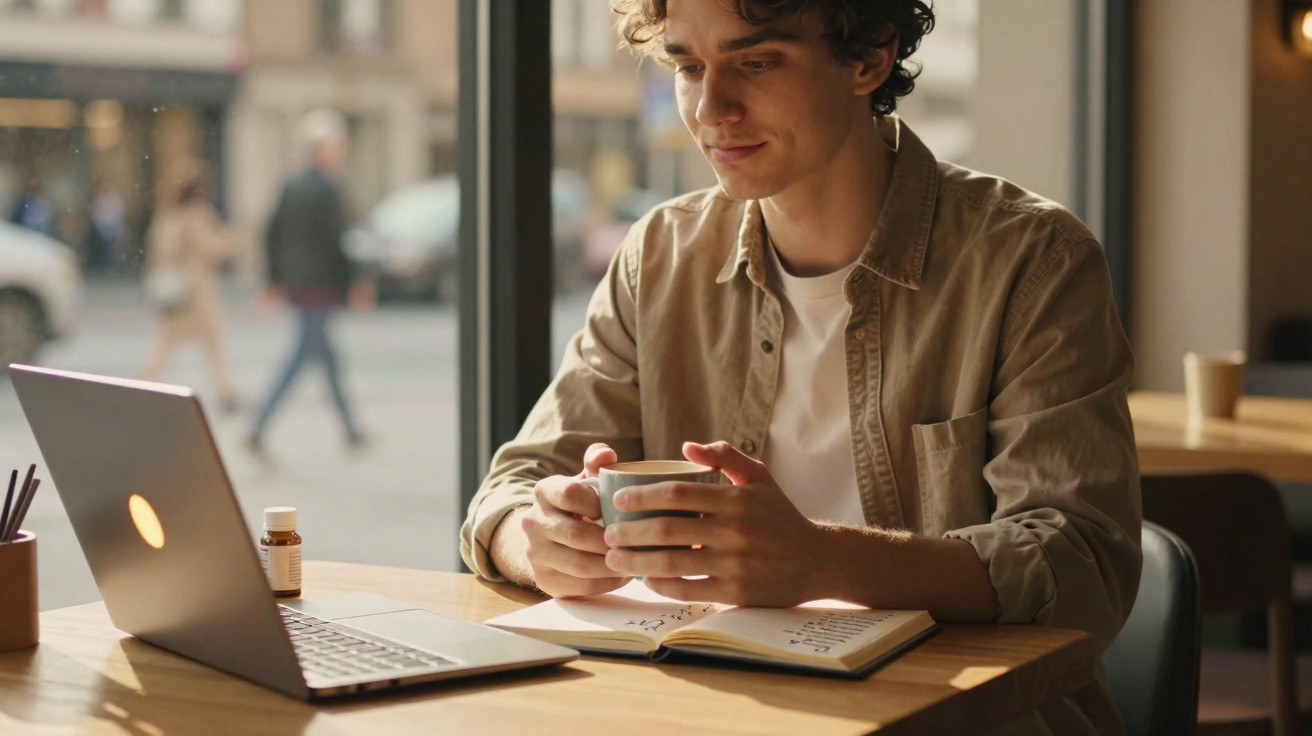 Junger Mann sitzt mit Tasse und geöffnetem Notizbuch am Tisch vor offenem Laptop in Cafésituation.