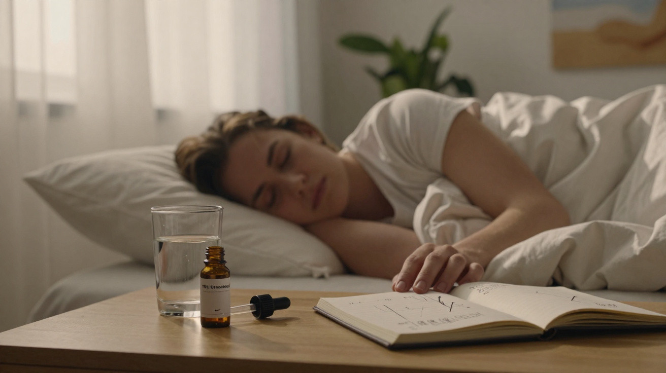 Frau schläft im Bett, im Vordergrund ein Glas Wasser, eine Flasche mit Tropfer und ein geöffnetes Buch auf dem Nachttisch.