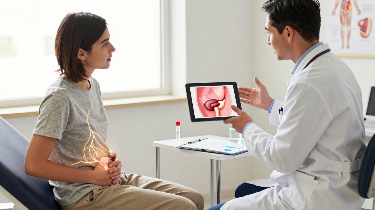 Arzt erklärt Patientin anhand eines Tablets die Harnwege und Blase bei Blasenschmerzen.