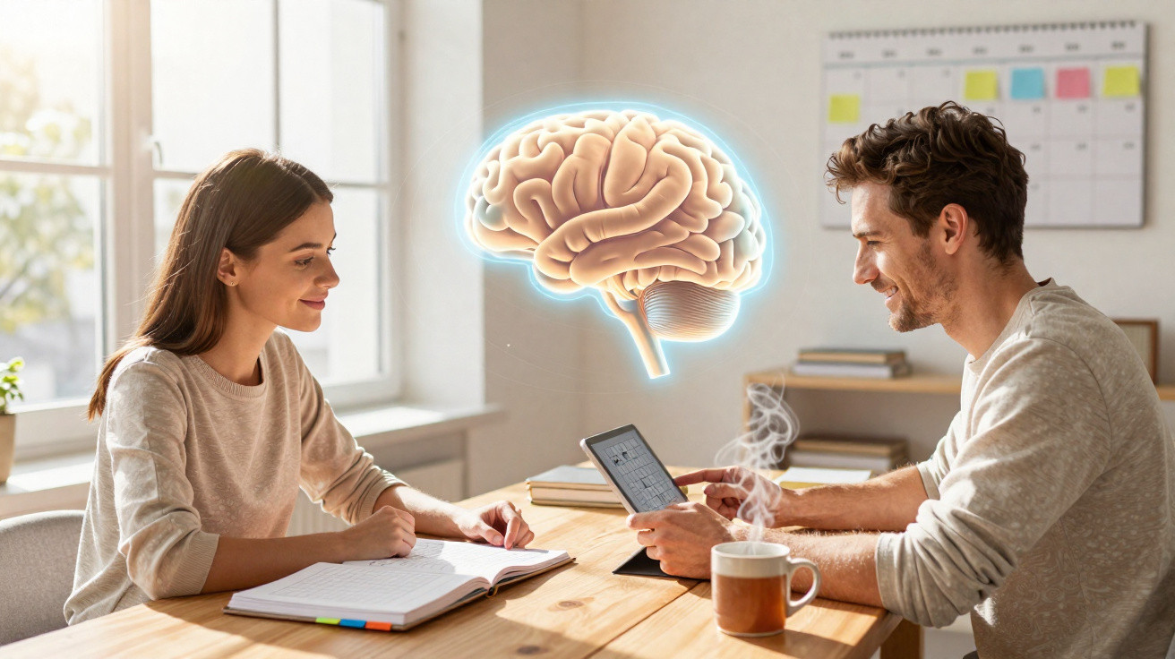 Zwei Personen am Tisch mit Tablet und Büchern, darüber eine leuchtende Illustration eines menschlichen Gehirns.