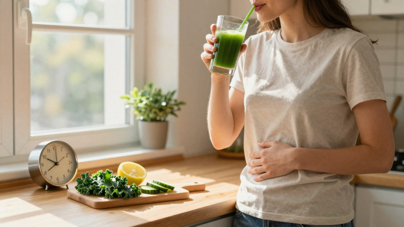 Frau trinkt grünen Smoothie in der Küche mit gesunden Zutaten auf der Arbeitsplatte im Sonnenlicht.