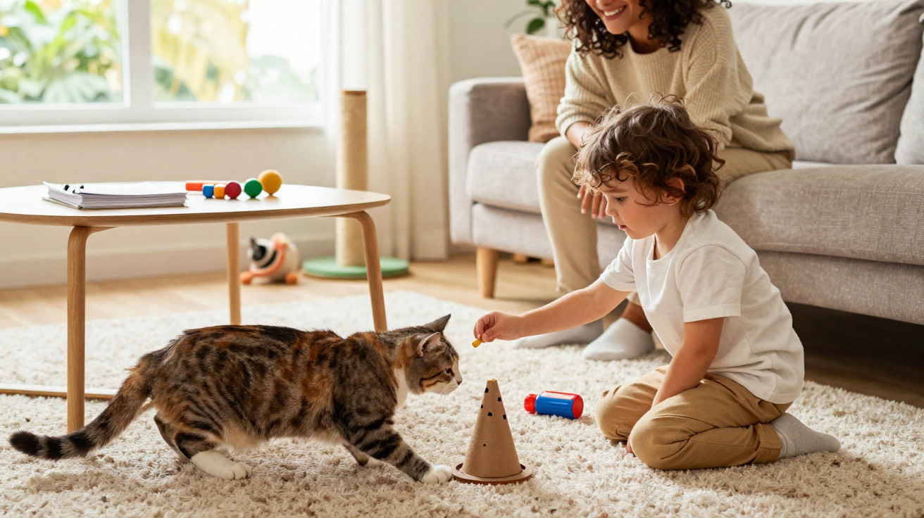 Ein Junge füttert eine Katze, während eine Frau auf dem Sofa lächelnd zuschaut.