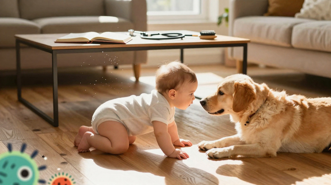 Baby auf Holzfußboden krabbelt und schaut Hund an, der auf Bauch liegt im sonnendurchfluteten Wohnzimmer.