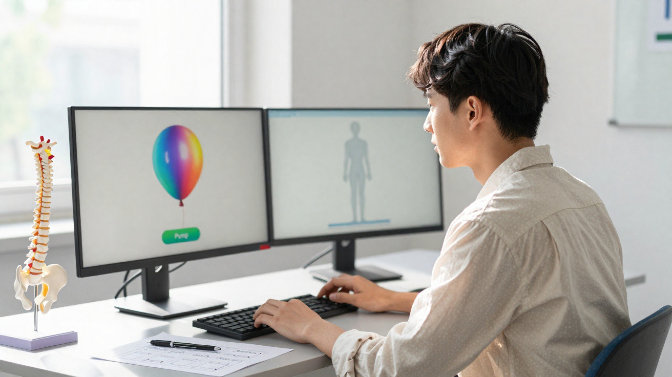 Junger Mann arbeitet am Computer mit zwei Bildschirmen, einer zeigt einen bunten Luftballon.