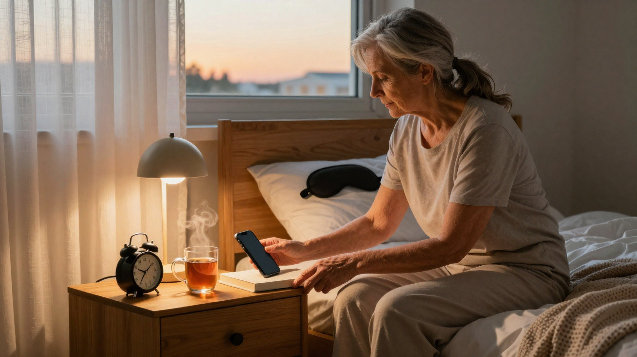 Ältere Frau sitzt im Bett am Morgen, hält Smartphone, neben ihr Nachttisch mit Wecker, dampfendem Tee und Lampe.