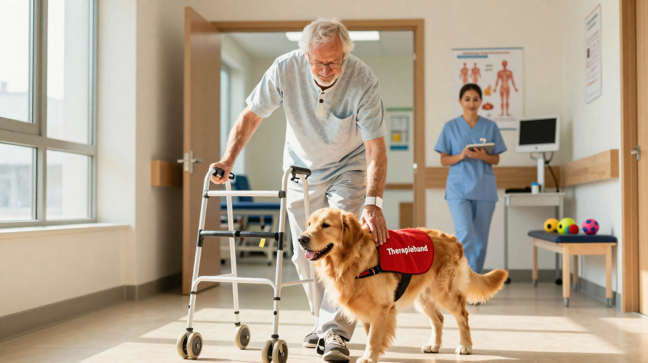 Älterer Mann mit Rollator wird von einem Therapiehund in einer Klinik begleitet, Pflegekraft im Hintergrund.