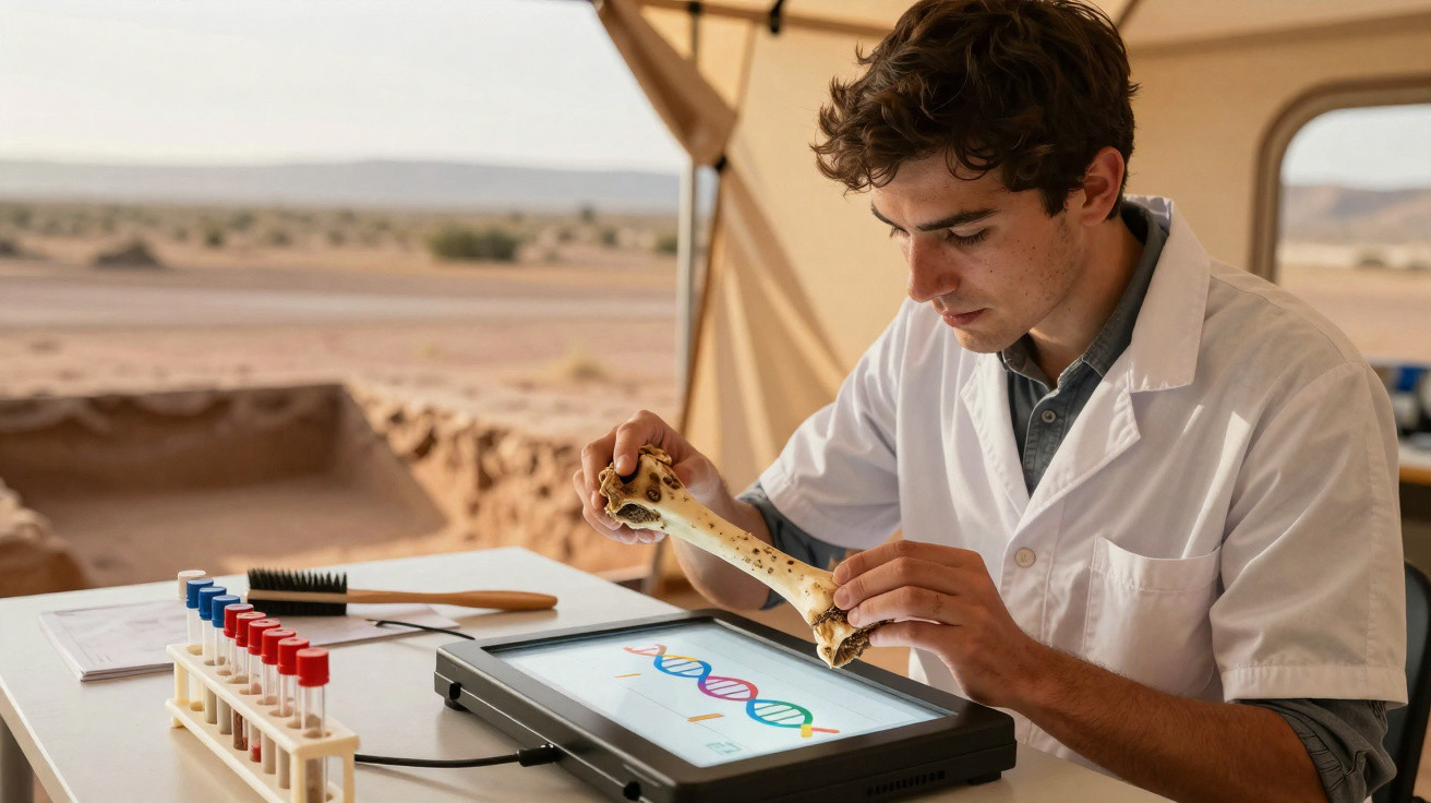 Archäologe untersucht Knochen und DNA-Daten auf Tablet in einem Outdoor-Labor in der Wüste.