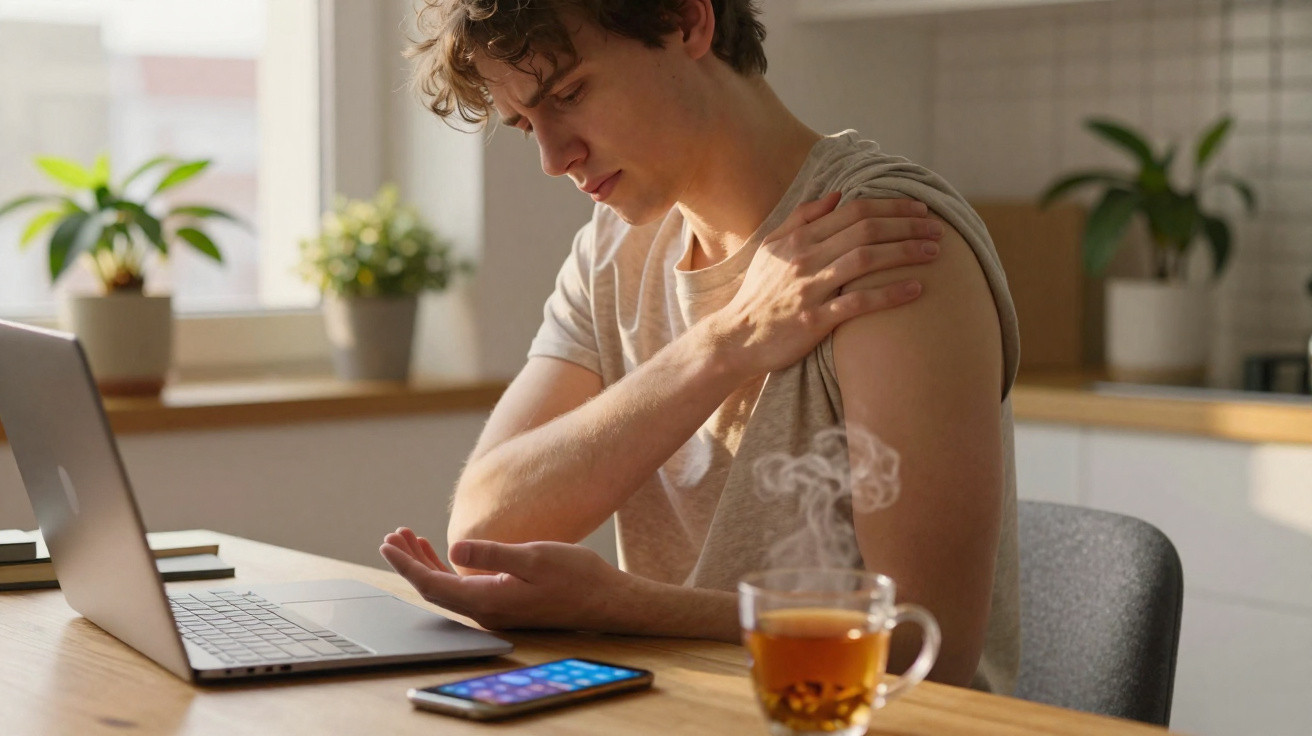 Junger Mann hält sich schmerzhaft die Schulter, sitzt am Tisch mit Laptop, Smartphone und dampfender Teetasse.