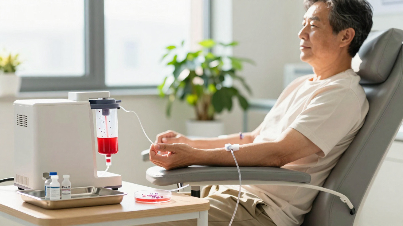 Älterer Mann erhält eine Blutbehandlung in medizinischer Einrichtung, sitzt entspannt auf Stuhl mit Infusion am Arm.