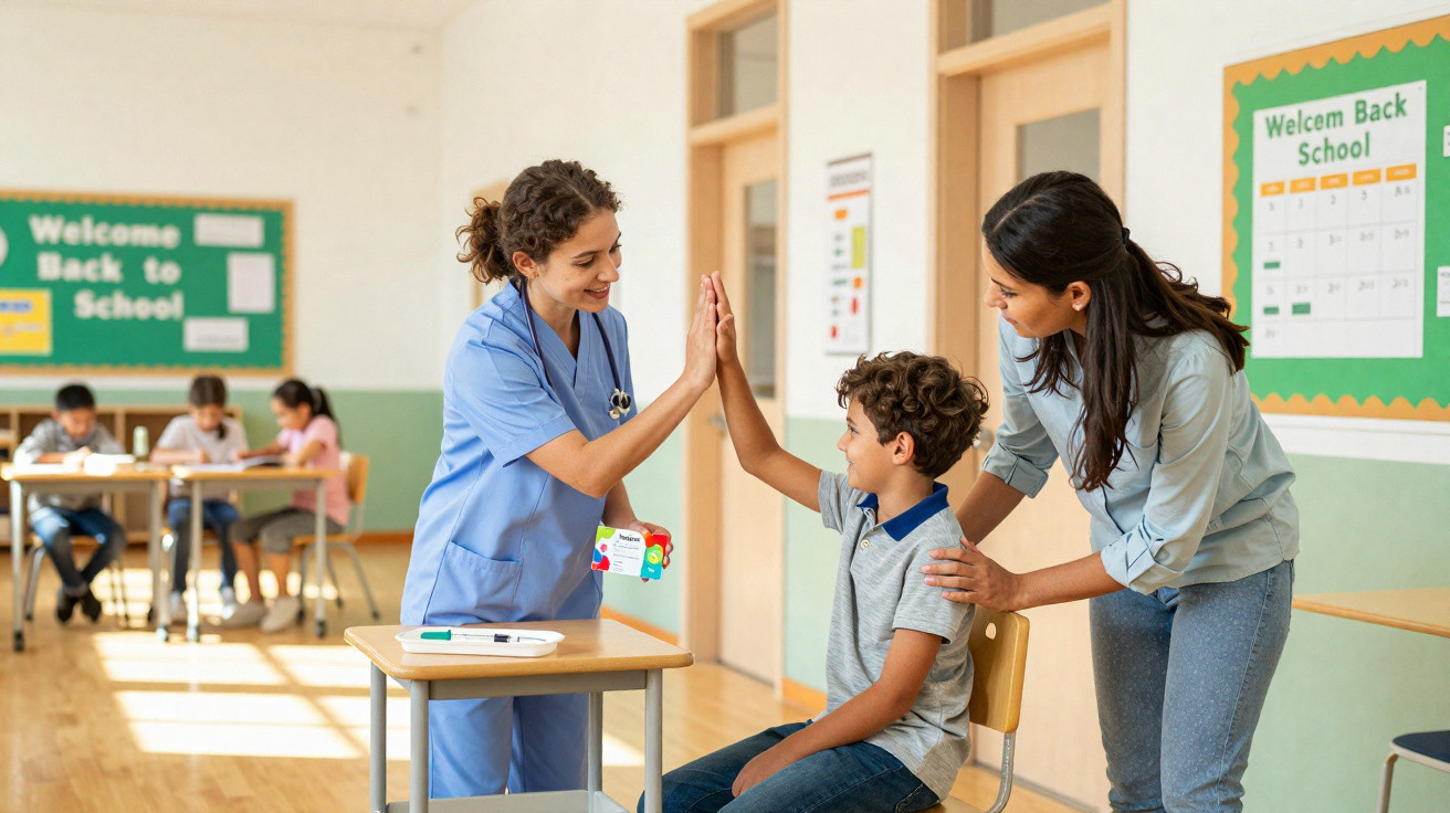 Lehrerin gibt einem Jungen in einem Klassenzimmer nach dem Unterricht eine High Five, Mutter steht daneben.