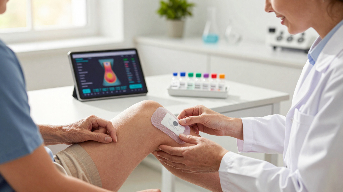 Ärztin befestigt ein medizinisches Gerät am Knie eines Patienten zur Überwachung oder Behandlung in der Praxis.
