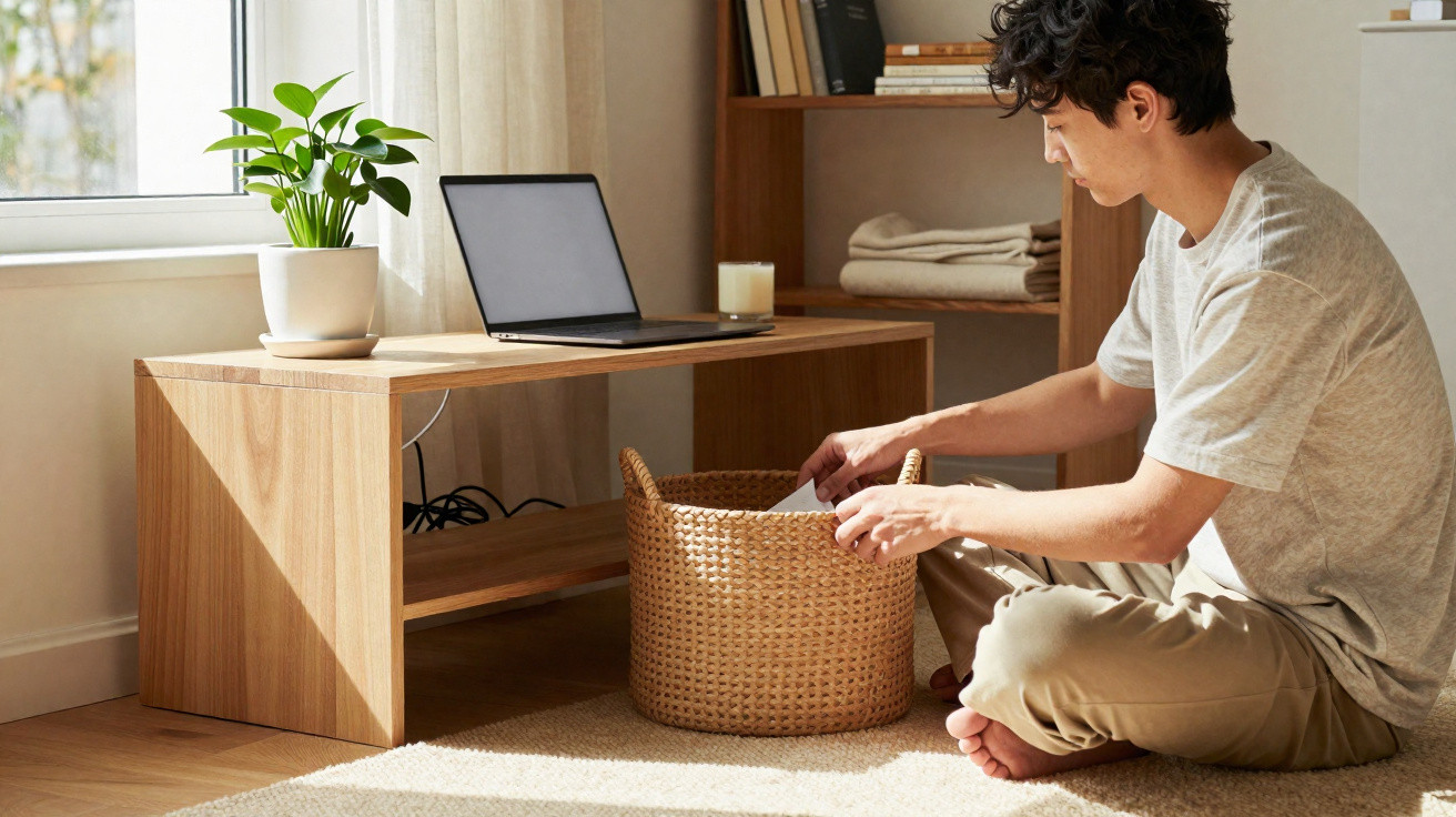 Junger Mann sitzt auf dem Boden und sucht in einem Korb neben einem Holztisch mit Laptop und Pflanze.