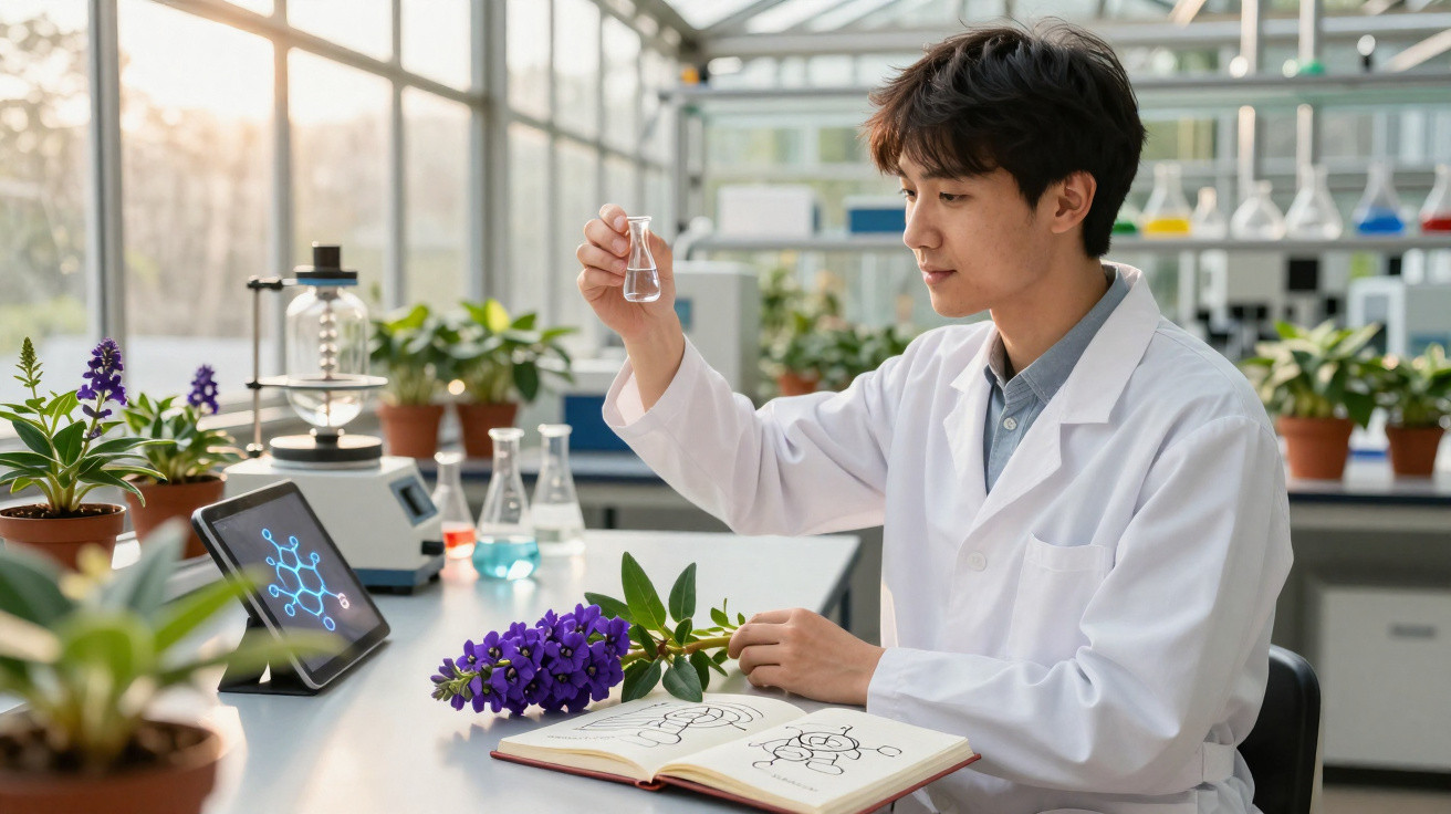 Wissenschaftler im Labor untersucht Flüssigkeit in Reagenzglas, umgeben von Pflanzen und chemischen Formeln.