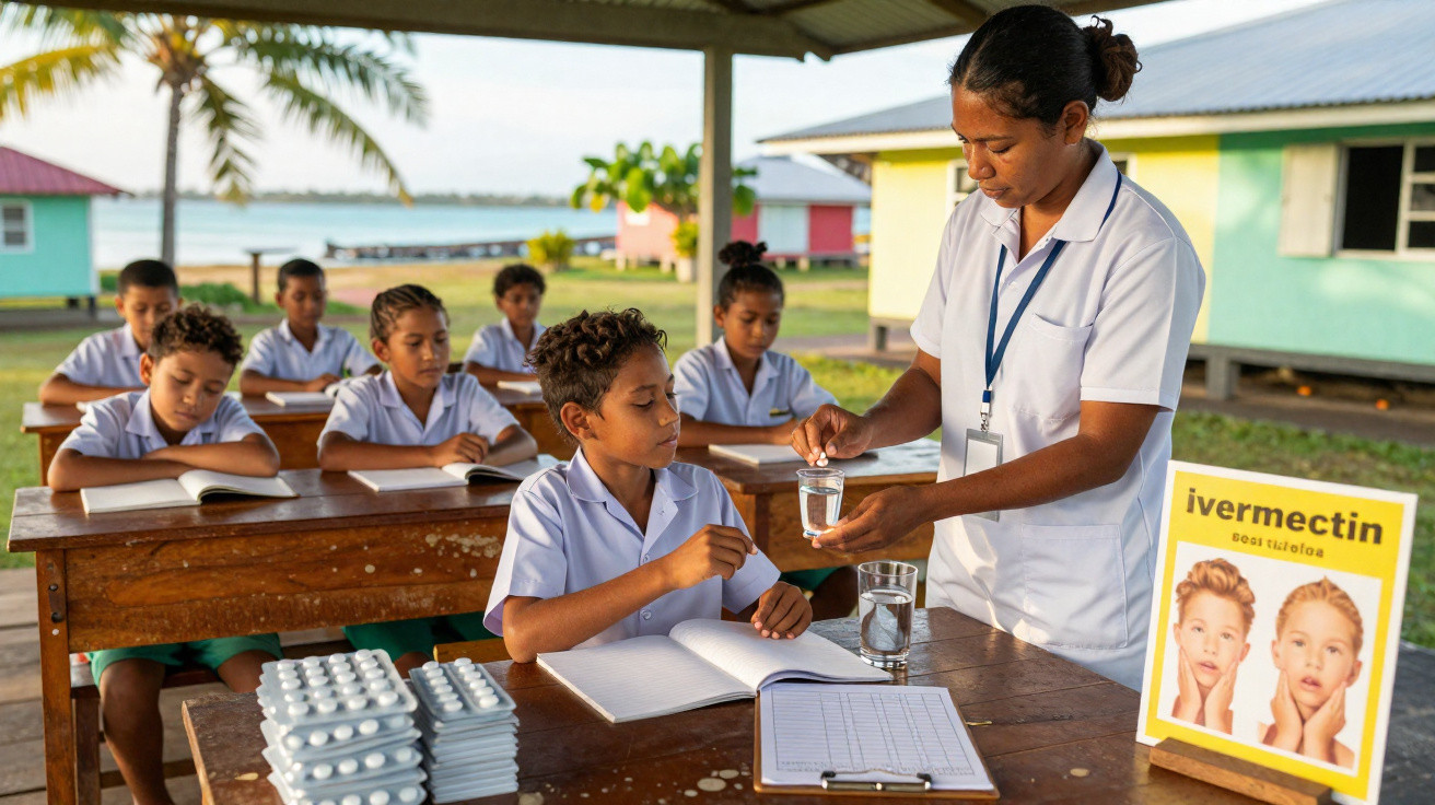 Lehrerin gibt Schulkindern im Freien Ivermectin-Tabletten zur Einnahme vor bunten Häusern am Meer.
