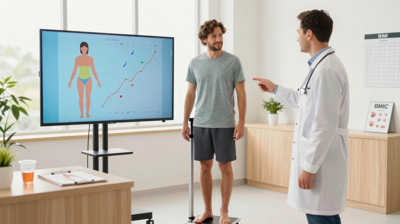 Arzt bespricht mit Patient im Sportoutfit Körperanalyse-Daten auf großem Bildschirm im Untersuchungszimmer.