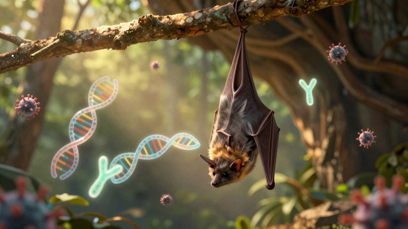 Fledermaus hängt kopfüber am Ast, umgeben von DNA-Strängen und Viruspartikeln im Wald.