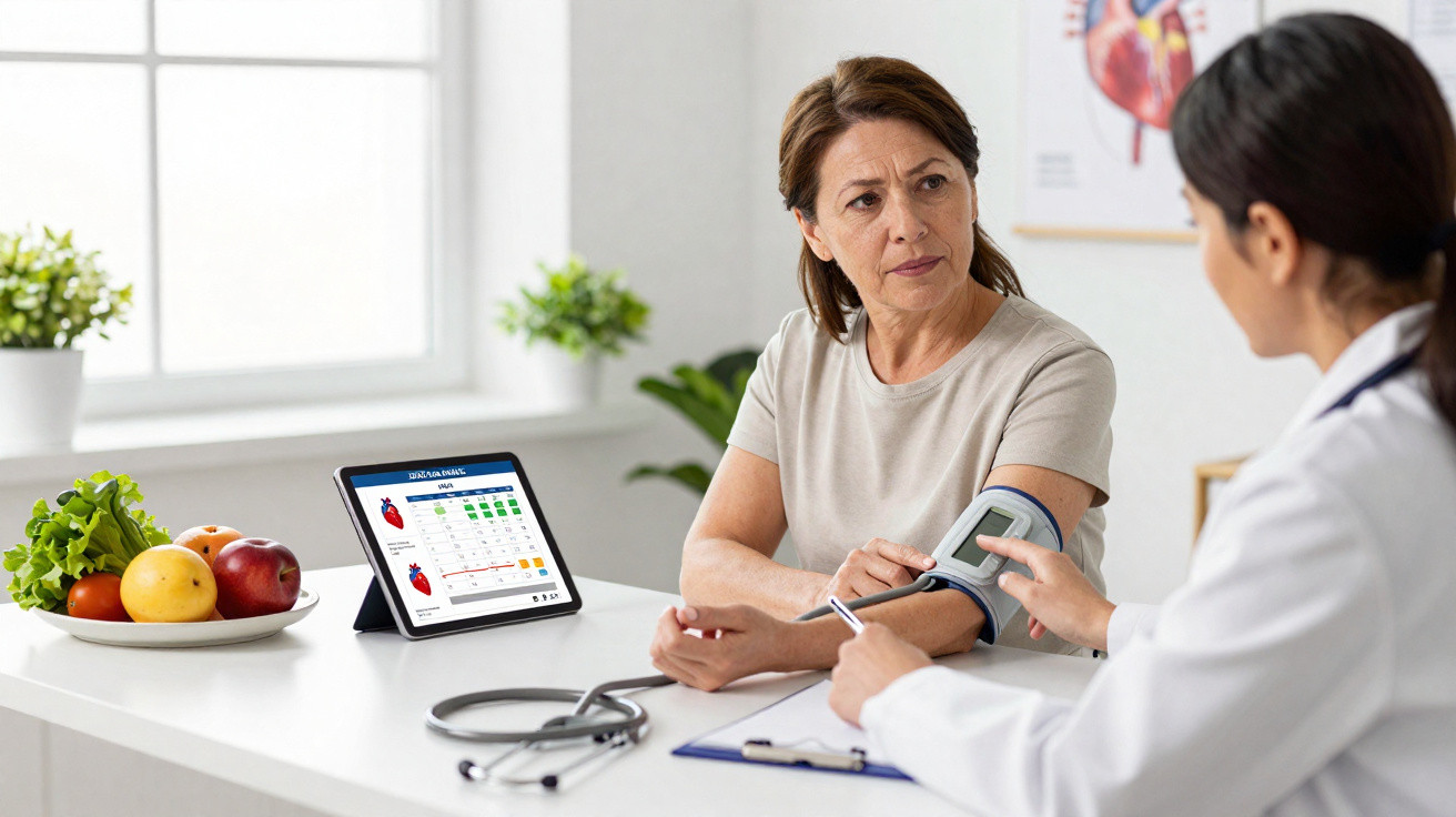 Ärztin misst Blutdruck einer Patientin in heller Praxis mit Tablet und Obstschale im Hintergrund.